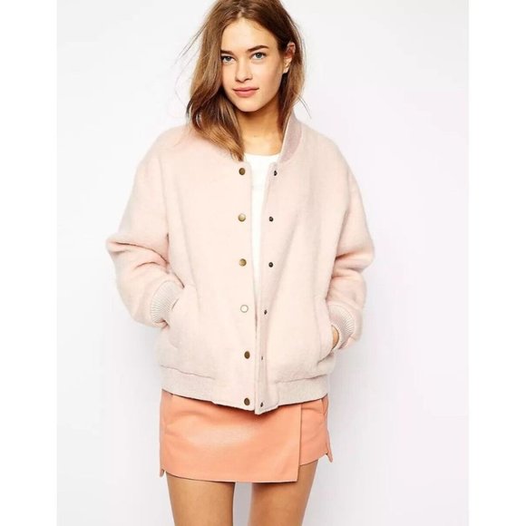 Ganni Jackets & Blazers - GANNI Inglewood Rose Smoke Pink Furry Wool Blend Varsity Bomber Jacket, Size L